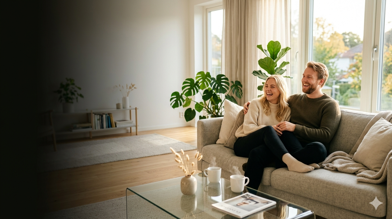 Happy couple relaxing in a spotless modern apartment